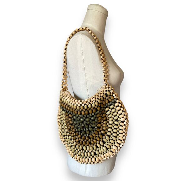 Old Navy Y2K Retro Wooden Bead Natural Boho Shoulder Bag Purse Wood Hippie - Picture 1 of 6